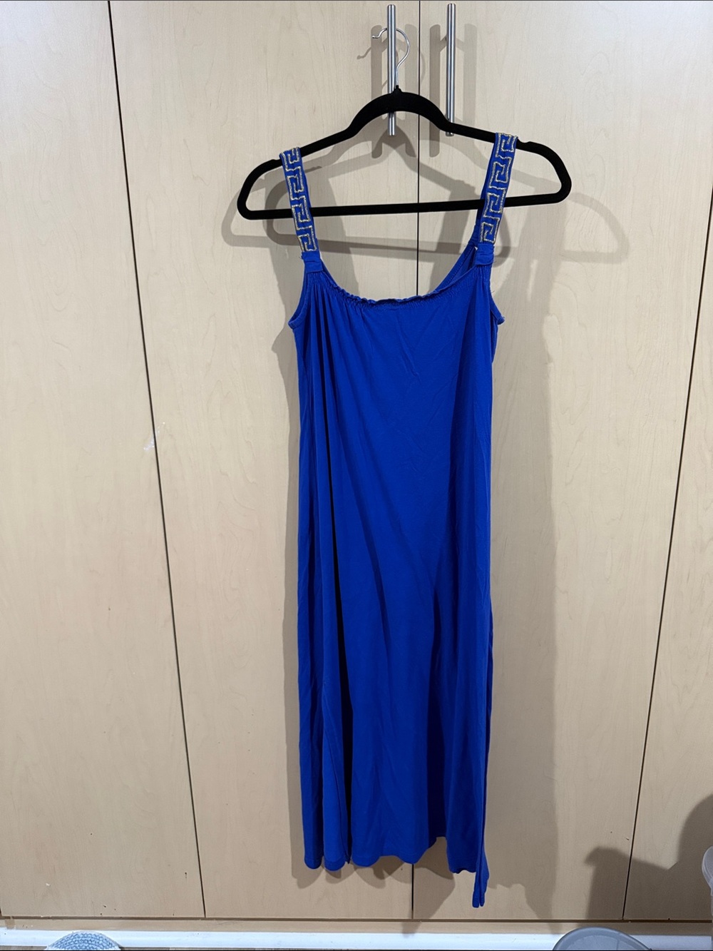 Blue Midi Slip Dress with Embroidered Straps